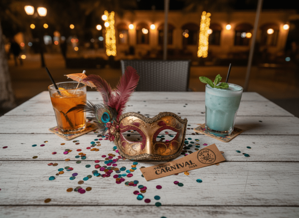 Carnival planning flat lay with mask, confetti, and night-out details on a Cyprus-style table