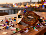 Carnival confetti and mask on a table in Limassol