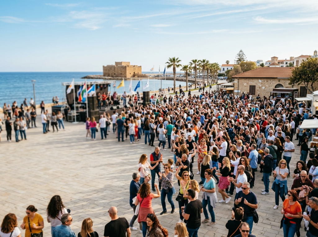 Outdoor crowd at a summer event in Cyprus with stage lighting and evening sky