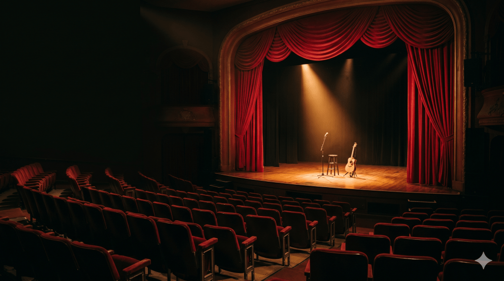 Warm theatre stage with spotlight and rows of empty red seats in an intimate venue