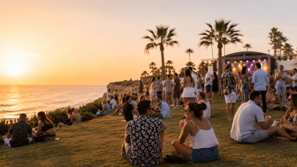 Crowd enjoying a summer festival in Cyprus at sunset