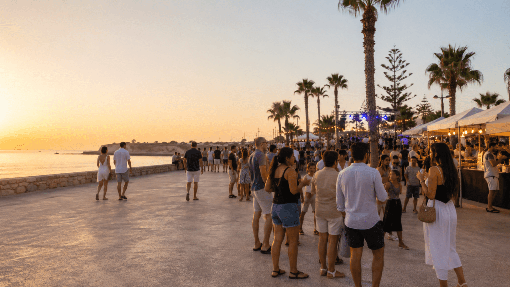 People enjoying a free summer event in Cyprus at sunset