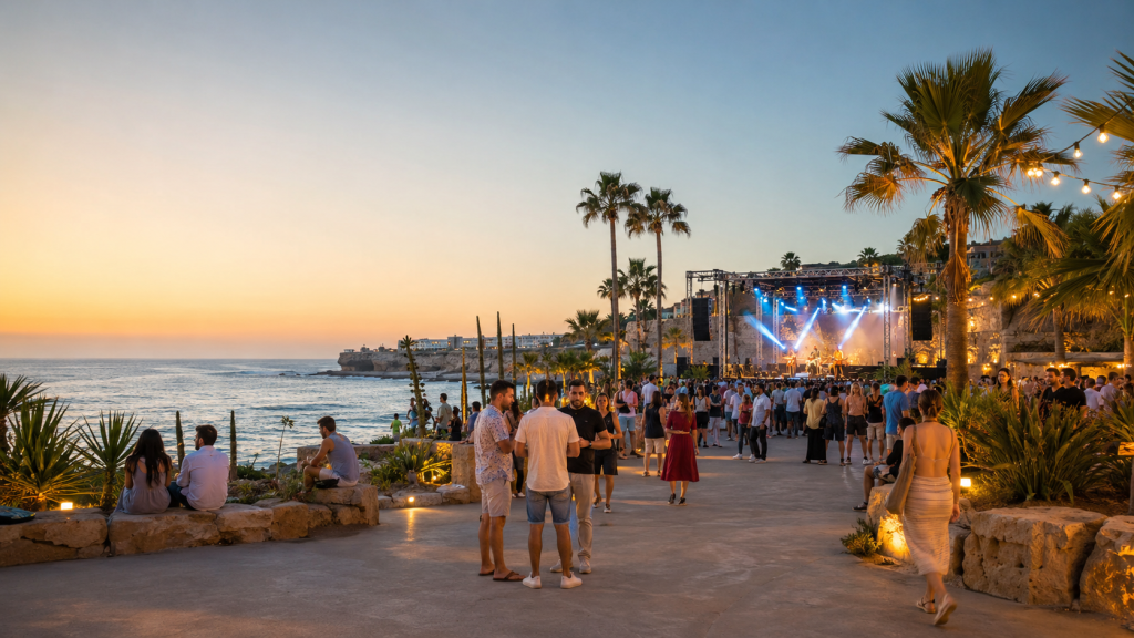 People enjoying a summer event in Cyprus with warm evening light